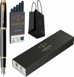 Stilou Parker IM Royal Black Lacquer GT Personalizat prin Gravura Laser cu Cartuse lungi Parker Quink 5 buc si punga Parker 
