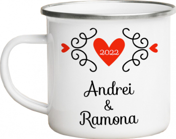 Cana metalica emailata personalizata cu mesajul cu an si nume alba 360 ml 