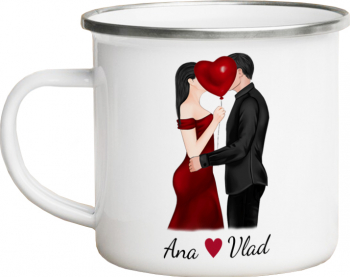 Cana metalica emailata personalizata cu mesajul Kisses alba 360 ml 