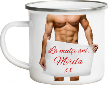 Cana metalica emailata personalizata cu mesajul La multi ani alba 360 ml 