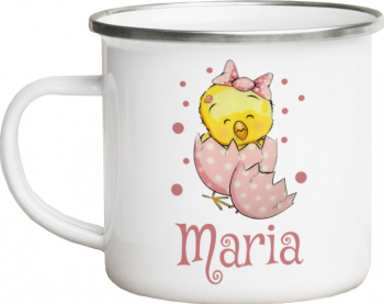 Cana metalica emailata personalizata cu mesajul Pui alba 360 ml 