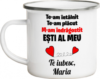Cana metalica emailata personalizata cu mesajul Te-am intalnit m-am indragostit alba 360 ml 