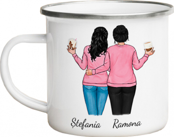 Cana metalica emailata personalizata mama-fiica alba 360 ml 