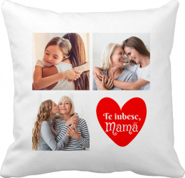 Perna personalizata patrata 3 poze si mesaj satinata alba 40x40 cm 