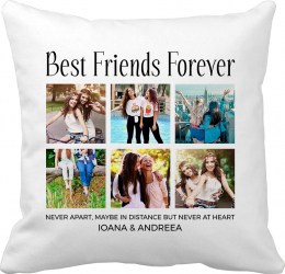 Perna personalizata patrata 6 poze si mesajul Best friends forever satinata alba 40x40 cm 