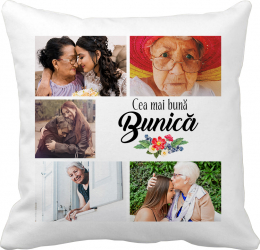 Perna personalizata patrata cinci poze si mesajul Cea mai buna bunica bonisa creativ satinata alba 40x40 cm 