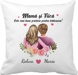 Perna personalizata patrata mama si fiica satinata alba 40x40 cm 