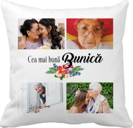 Perna personalizata patrata patru poze si mesajul Cea mai buna bunica bonisa creativ satinata alba 40x40 cm 