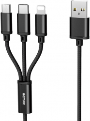 Cablu micro USB Lightning USB-C 2 8A 1 15M-Remax Gition 3in1 RC-131th Nylon impletit USB - negru - Negru 