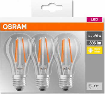 Set 3 becuri Led Osram E27 7W 806 lumeni lumina calda 2700K durata de viața 10.000 ore clasa energetică A++