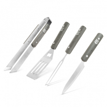 Set de 4 Ustensile pentru Gratar Cleste Furculita Cutit si Spatula din Otel Inoxidabil cu Maner din Lemn 