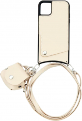 Set husa piele ecologica pentru iPhone 11 cu buzunar depozitare card si bretea de sustinere si husa airpods 1/2/3 Crem SSY-BBL4132 