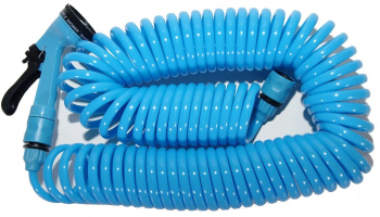 Furtun de udare in spirala cu pistol albastru 15 m pulverizare cu 4 functii adaptor robinet inclus 