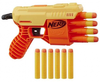 Jucarie Pistol Blaster Alpha Strike cu lansator cu 10 sageti soft din spuma plastic galben 