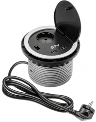 Priza incorporabila rotunda cu 1 priza Schuko si 2 porturi incarcare USB finisaj argintiu 