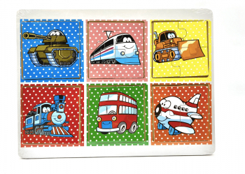 Set din lemn cu 6 puzzle incorporate - Mijloace de transport - buline 7Toys 