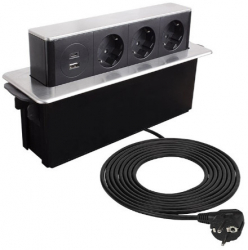 Priza incorporabila pop-up Hop Box cu 3 prize Schuko 1 port incarcare USB de tip A si un port incarcare USB de tip C pentru telefon