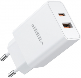 Incarcator Retea Veger VLS202U USB-A Type-C Fast Charge Alb 