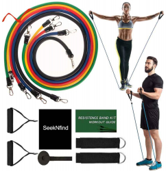 SET 11 PIESE EXTENSOR FITNESS CU CORZI ELASTICE LATEX 5 REZISTENTE DIFERITE MANERE ANCORA USA SI CURELE PENTRU GLEZNA 