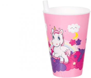 Pahar din plastic cu pai nedetasabil 400 ml Unicorn Roz JMB-BBL4573 