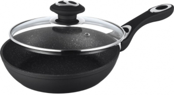Tigaie din Aluminiu forjat 28 cm Maner din silicon Interior marmurat Capac din sticla Negru 
