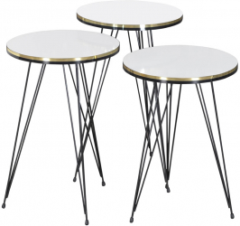 Set 3 masute cafea ZIGON model 1046 cu blat oval alb cu picior metallic negru si marginea aurie cu negru metal+pal EHA