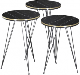 Set 3 masute cafea ZIGON model 1049 cu blat oval negru marmorat cu picior metallic negru si marginea aurie cu negru metal+pal EHA