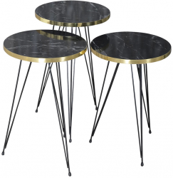 Set 3 masute cafea ZIGON model 1053 cu blat oval negru marmorat cu picior metallic negru si marginea aurie metal+pal EHA