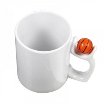 Cana personalizata alba cu toarta minge baschet 300 ml se personalizeaza cu poza si sau text 