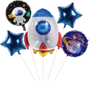 Accesoriu set cu 5 baloane model Happy birthday cu personaj Nava spatiala culori metalice Multicolor SOHO4538