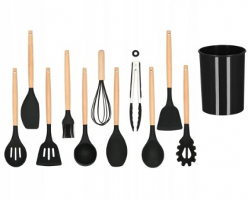 Set ustensile bucatarie silicon si bambus negru 12 piese Springos 