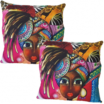 Set 2 fete de perna print femeie Africana cu turban colorat 43x43 cm EHAm6 