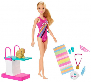 Papusa Barbie cu par blond inotatoare cu medalie de aur prosopel si ochelari de scufundari dimensiune 23.5x6.5x33.5 cm 