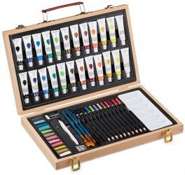 Set pictura 56 piese acuarele acryl creioane pensule paleta amestecare culori ascutitoare si radiera 