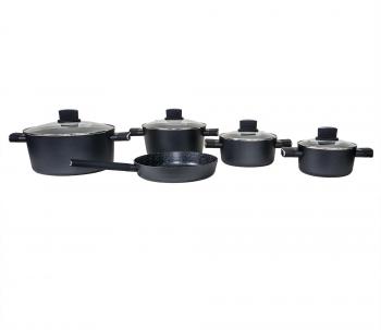 Set oale 9 piese din aluminiu compus din 4 oale cu manere 1 Tigaie 4 capace sticla termorezistente / ZLN 0942 