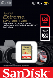 Card de memorie SanDisk Extreme 128GB SDXC pana la 180MB/s and 90MB/s Read/Write speeds UHS-I Class 10 U3 V30 
