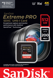 Card de memorie SanDisk Extreme PRO 512GB SDXC pana la 200MB/s and 140MB/s Read/Write speeds UHS-I Class 10 U3 V30 