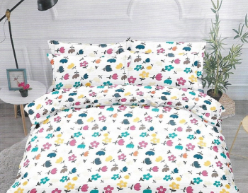 Lenjerie de pat matrimonial cu husa elastic pat si 4 fete perna dreptunghiulara Kisa bumbac mercerizat multicolor 