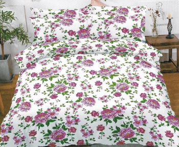 Lenjerie de pat matrimonial cu husa elastic pat si 4 fete perna patrata Paeonia bumbac mercerizat multicolor 