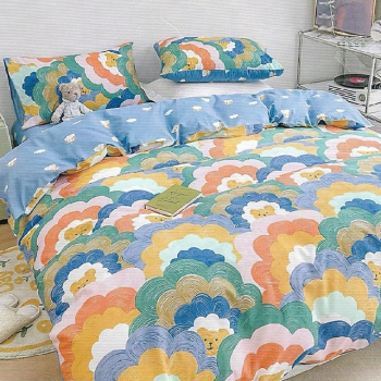 Lenjerie de pat pentru o persoana cu husa de perna patrata Happy Bear bumbac ranforce gramaj tesatura 120 g/mp multicolor 3 piese 