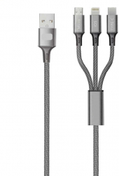 Cablu de incarcare 3 in 1 Fast charge 2.4A 1x Lightning 1x Type-C 1x microUSB 1m ranforsat Gri SOHO5324 