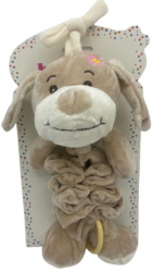 Jucarie catelus Babygift din plus muzicala pentru copii si bebelusi cu prindere de patut scaun auto sau carucior 30 cm 0-3 ani bej 