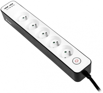 Prelungitor electric cu cablu cu protectie supraincalzire si intrerupator Tracer 5 prize + 2x USB 1.5 m alb cu negru