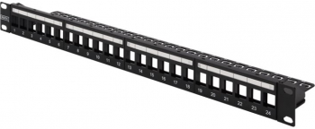 DIGITUS Modular patch panel shielded 24 port blank 1U rack mount color black transparent logo fields 