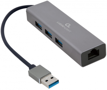 Adaptor Gembird 1x USB Male - 3x USB Female - 1x RJ45 Female gri 