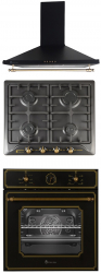 Pachet incorporabil cuptor electric plita gaz si hota decoratica Umbria Retro Black Studio Casa Clasa A 6 functii Gratare fonta 1 motor 