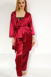 Pijama satin set 3 piese visiniu ZN0055 