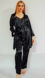 Set pijama satin 3 piese negru ZN0048 - XS 32-34 