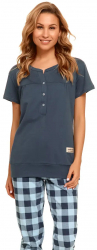 Pijama bleumarin cu pantaloni in carouri - L Deep Blue 100 Bumbac 