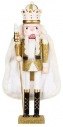 Decoratiune de Craciun tip soldat din lemn rege in uniforma festiva alba cu detalii aurii sceptru coroana si pelerina 37.5 cm